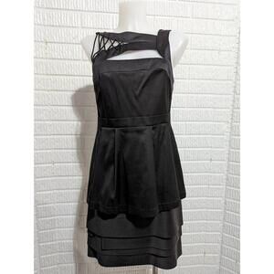 BCBG MAXAZRIA Black Sleeveless Satin Tiered Peplum Dress Lacing Front & Back 6
